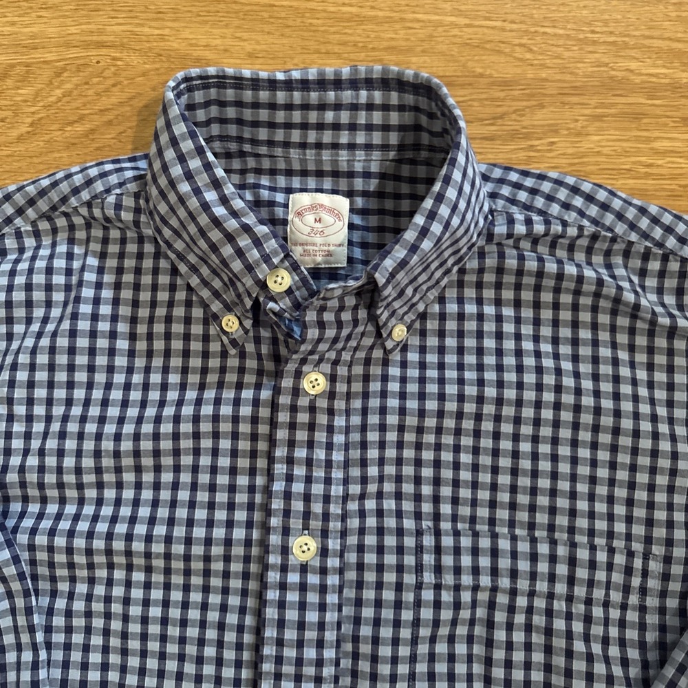 BROOKS BROTHERS 346 The Original Polo Shirt Men's Medium Blue Plaid Preppy EUC - Picture 2 of 7